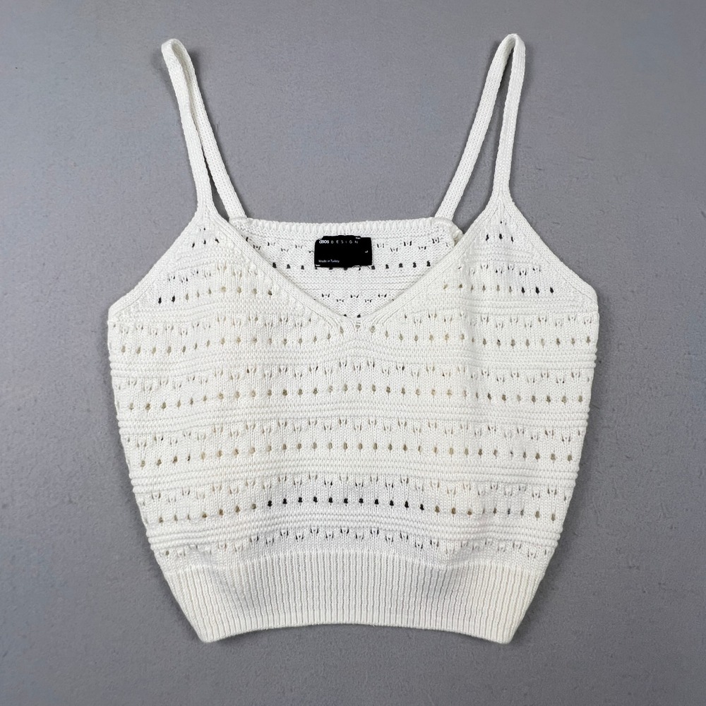 ASOS DESIGN Knit Cami Top Womens L White Pointelle V-Neck Sleeveless Boho Summer